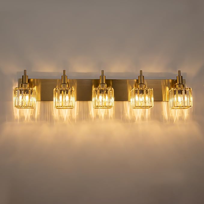 Gold Bathroom Vanity Lights, 5 Lights Crystal Bathroom Lighting Fixtures Over Mirror Modern Gold Crystal Wall Light