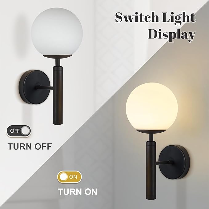 KCO Lighting Black Mid Century Modern Wall Sconce Vintage White Milk Glass Wall Sconce Globe Wall Light Bathroom Wall Light Fixture Bedroom Wall Lighting