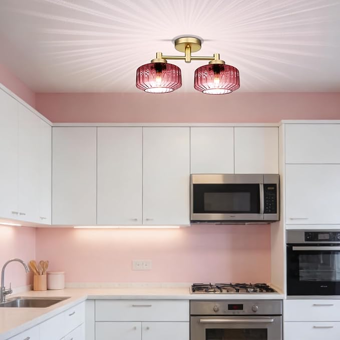 2-Light Purple Flush Mount Ceiling Light Fixture, Modern Close to Ceiling Chandelier, Overhead Lighting for Bedroom, Hallway, Entryway, Living Room, Easy to Install