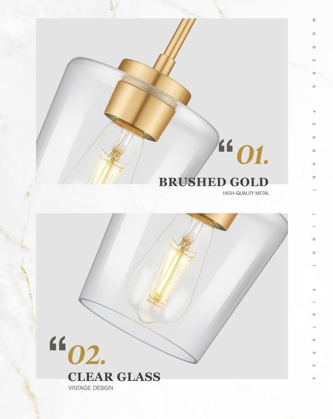 Pendant Lights Kitchen Island 2 Pack, 6" Brushed Gold Hanging Lights Fixtures with Clear Glass Shade, Modern Brass Kitchen Pendant Lighting Over Island for Dining Room, AD-22004-1P2-GD-C