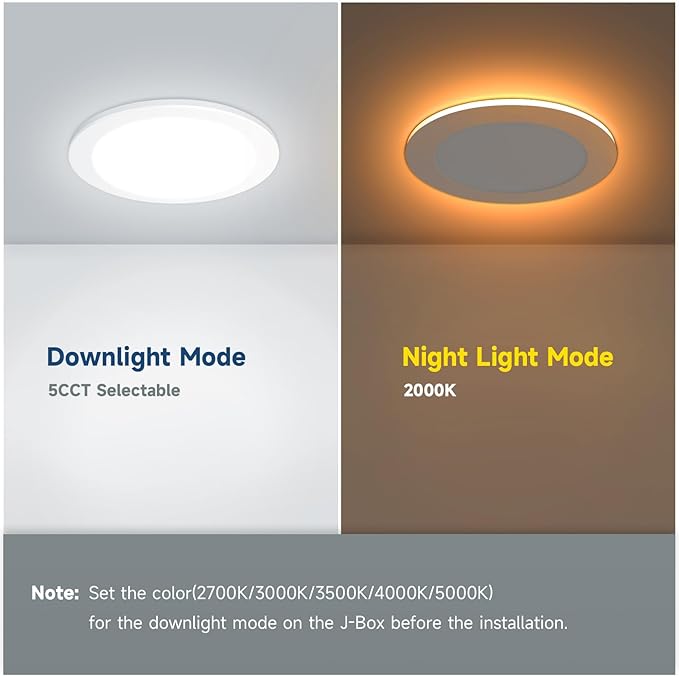ECOELER 6 Inch 5CCT LED Recessed Ceiling Light with Night Light, 2700K/3000K/3500K/4000K/5000K Selectable Canless Recessed Lighting, 12W 1050lm, Dimmable Ceiling Downlight, ETL&FCC, 6 Pack
