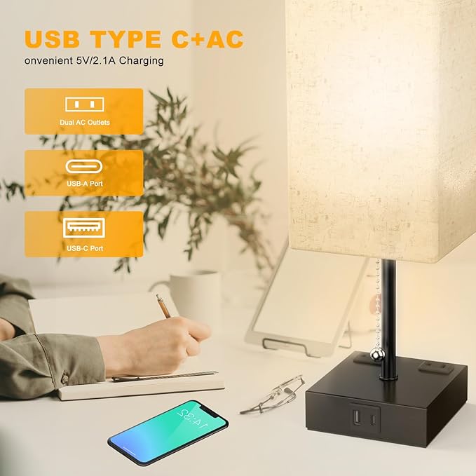 YIDPU Table Lamp for Bedroom with USB,Bedside Lamp with USB C+A Charging Ports,Adjustable 3color LED Light for Home Decor/Nightstand/Office,Included Bulb and Fabric Lamp Shade (Linen White, 2PCS)