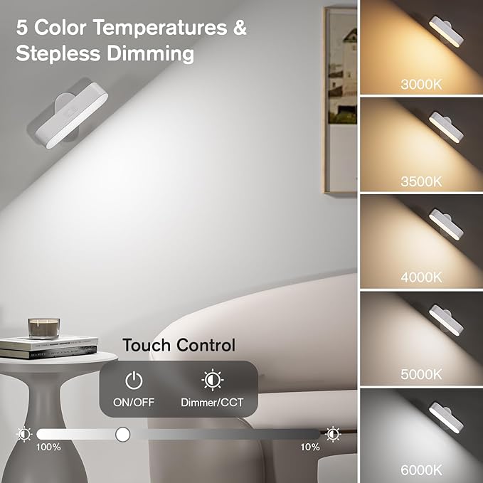Hensam Battery Operated Wall Sconces, Wireless LED Wall Sconce Set of Two, Rechargeable Wall Lights for Living Room, 5 Colors Dimmable Wall Lamps for Bedroom, White 2 Pack