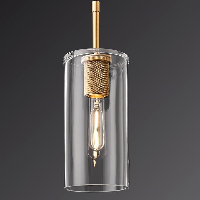 Brass Pendant Lights Kitchen Island 1 Pack Modern Glass Pendant Light Fixtures, 9.5'' Farmhouse Gold Pendant Light Fixtures, Indoor Chandelier for Bathroom, Bar Included Bulb