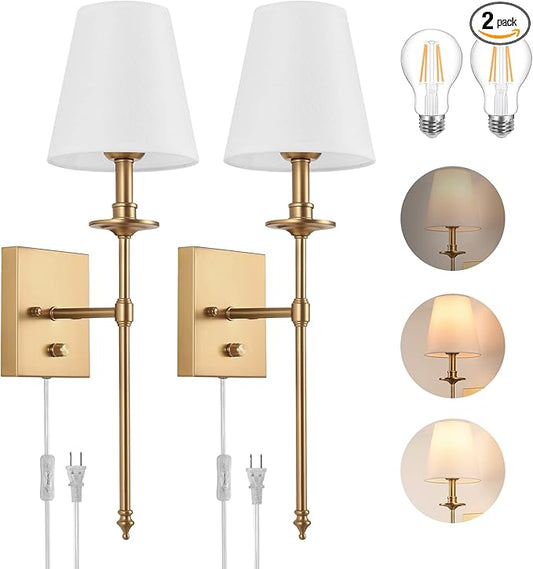 Dimmable Wall Sconces Set of Two, Plug in Wall Sconces White Fabric Shade, Wall Lamp for Bedroom, Living room, Plug in Wall Light Sconces Wall Decor Set of 2, LED Bulbs Included, Antique Brass