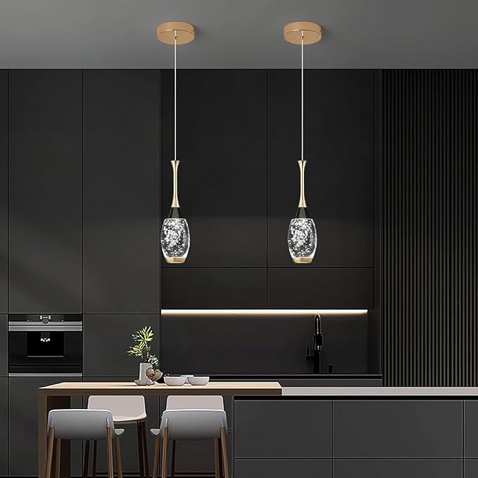 Modern Black Gold Pendant Light Dimmable LED Ceiling Light Fixtures Mini Teardrop Crystal Pendant Lighting for Kitchen Island Bedroom Hallway Entryway (2-Pack，Champagne Gold)