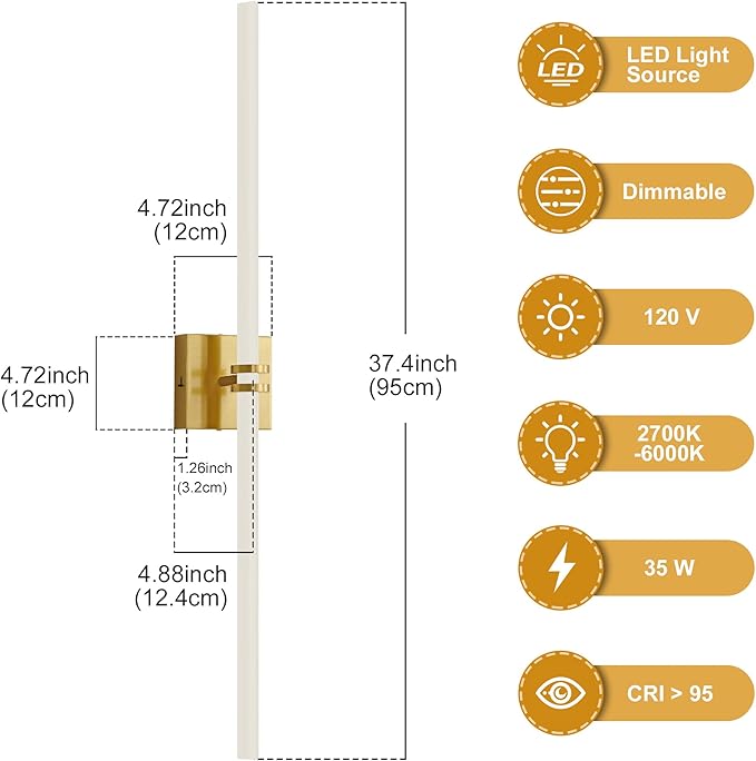 Bathroom Light Fixtures,Gold 35W LED 360° Full Lighting Modern Wall Sconce Vanity Light with 5-Color Dimmable 3000K-6000K, 37.40inch Vanity Lighting for Bath, Powder Room, Bedroom, Hallway