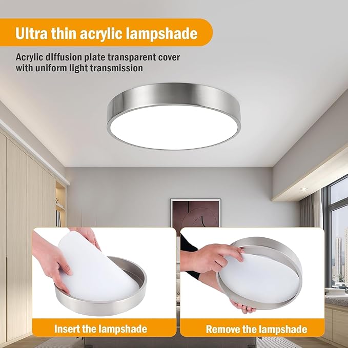 Modern Minimalist 13 Inch Ceiling Light, Dimmable 26W LED Ceiling Light Fixture with 3Color Temperatures, Brushed Nickel Flush Mount Ceiling Lighting Perfect for Bathroom & Bedroom