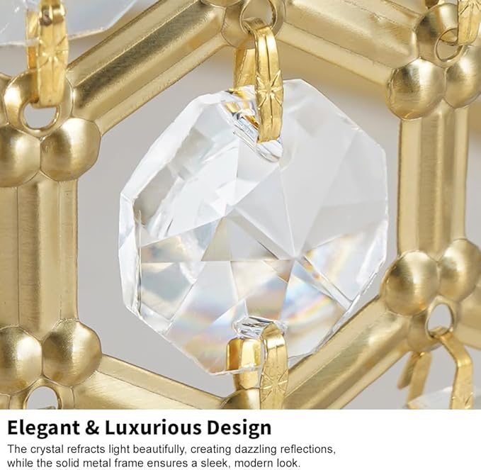 Gold Crystal Ceiling Light Fixture - Modern Semi Flush Mount Ceiling Light for Hallway, Kitchen Lighting Fixtures Ceiling, Dazzling Prism Chandelier for Foyer Closet Bedroom, 3 Light, 12 in