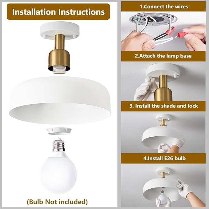 Modern Semi Flush Mount Ceiling Light,Mid Century Hallway Ceiling Light Fixture,E26 Ceramic Lamp Head,White and Gold Light Fxiture Ceiling for Kitchen Entryway Bedroom Hall Entry (12.6 in)