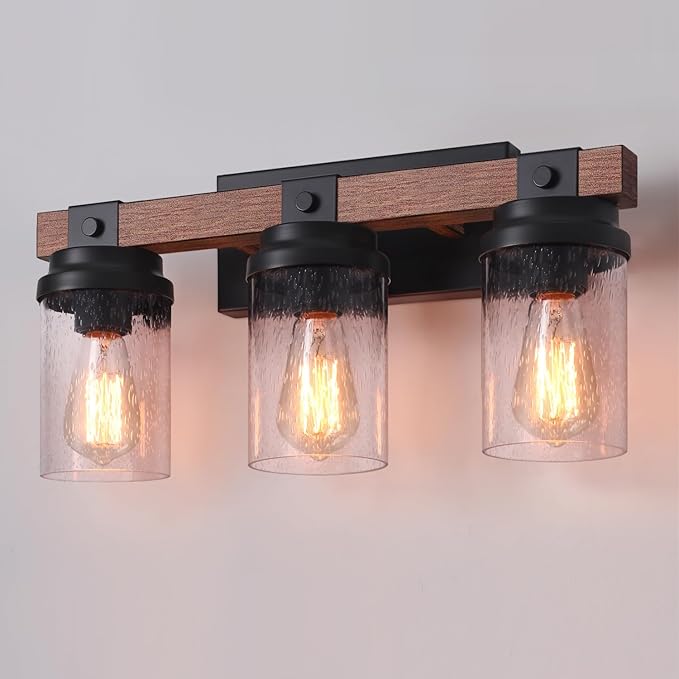 Farmhouse Vanity Light Fixtures, 3-Light Rustic Bathroom Lights Over Mirror with Pretty Glass Shade, Industrial Black Metal Wood Wall Decor Sconces for Living Room Hallway Stairway