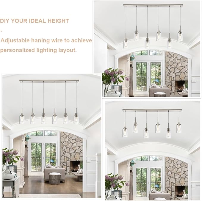 6-Lights Pendant Lighting for Kitchen Island in Brushed Nickel, Ceiling Light Fixtures with Adjustable Hanging Wire & Clear Glass Shades