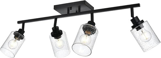 4-Light Track Lighting Kit Bathroom Wall Light Fixtures, Black Directional Ceiling Light for Kitchen Dining Room Bedroom Office, Seeded Glass Shades