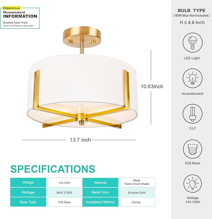 Edwarmlux 3-Light Semi Flush Mount Ceiling Light Fixture, 13.7" Gold Drum Light with White Fabric Shade, Modern Close to Ceiling Lamp for Living Room Bedroom Dining Room Kitchen Hallway Entry Foyer
