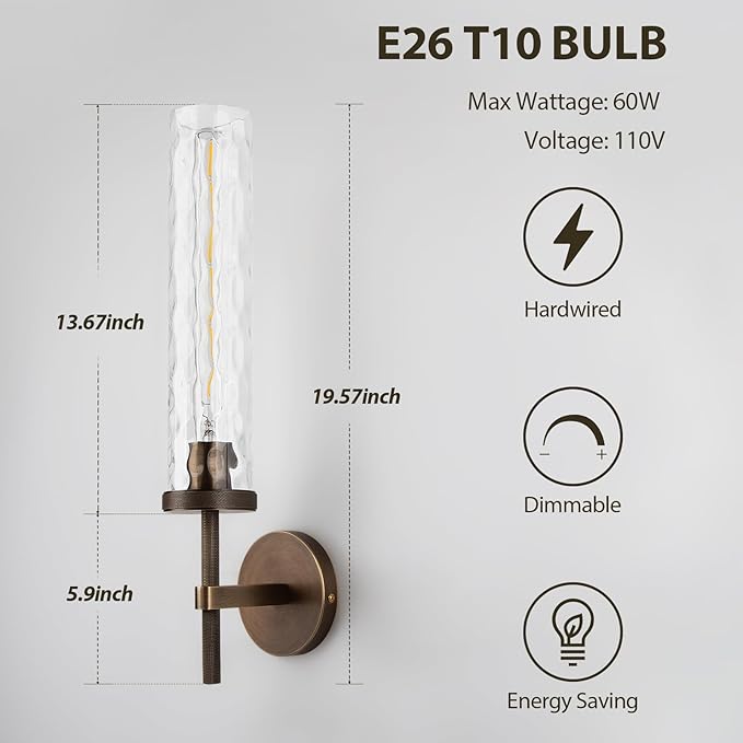 19.5" Knurled Brass Wall Sconce with Water Ripples Glass Tube, Bronze Bathroom Vanity Light Fixtures, Modern Lamp Lighting for Bedroom, Living Room, Hallway, Staircase, Mirror, Kitchen