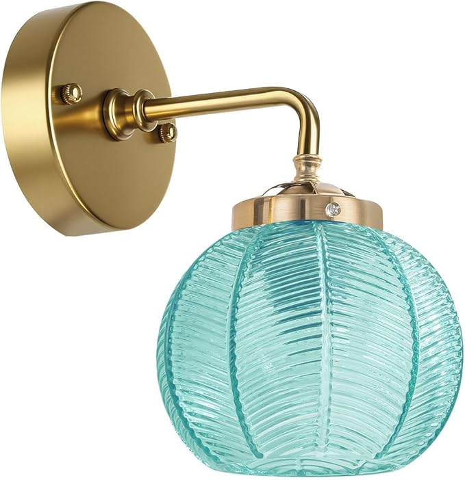 Vintage Wall Sconce Gold Bathroom Vanity Light Hand Blown 1-Light Globe Wall Sconce Indoor Wall Light with Blue Glass Shade Mid Century Modern Wall Lighting for Bedroom Hallway Living Room
