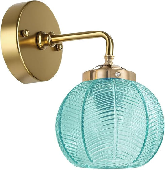 Vintage Wall Sconce Gold Bathroom Vanity Light Hand Blown 1-Light Globe Wall Sconce Indoor Wall Light with Blue Glass Shade Mid Century Modern Wall Lighting for Bedroom Hallway Living Room