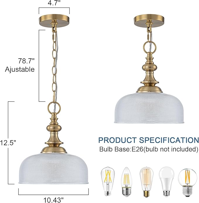 EDSILIVE Vintage Glass Pendant Lights Kitchen Island 10" Bowl Clear Glid Glass Hanging Ceiling Light Fixture with Brass Gold Finish for Dining Room Kitchen Table