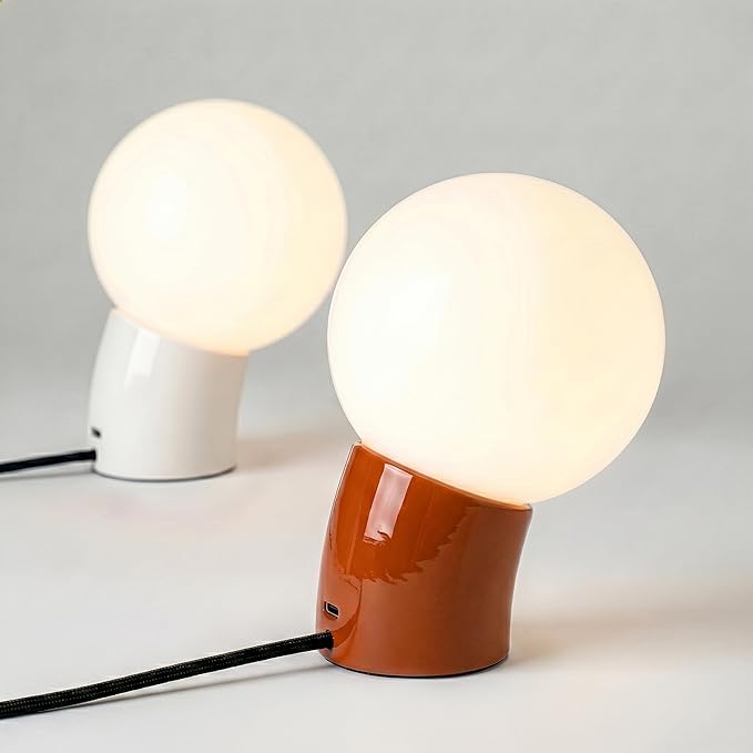 Brightech Vino LED Table Lamp - Small 8" Modern Dimmable Metal Lamp with USB-C Charging, Frosted Glass Globe Shade - Warm White Accent Light for Bedroom, Living Room, Bedside, Nightstand - Red