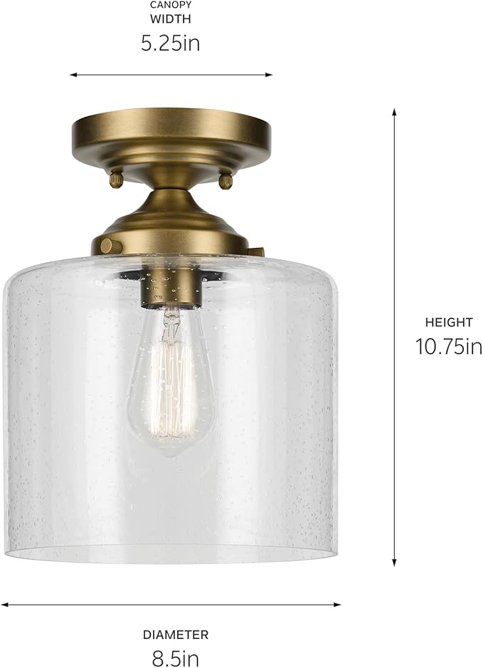 Kichler Winslow 8.5" 1-Light Semi Flush with Clear Seeded Glass in Natural Brass for Secondary Entrances, Transition Areas, Bedroom, or Office (10.75" x 8.5"), 44033NBR