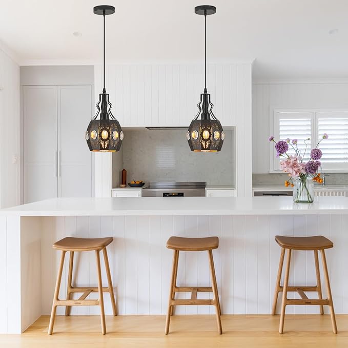 YLONG-ZS Black Lantern Pendant Lights Bedroom Restaurant 2 PK, Farmhouse Kitchen Island Pendant Ceiling Light with 6.07 Ft Wire, Hanging Pendant Lighting for Restaurant Bedroom Dining Room Living Room