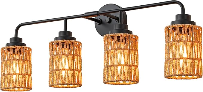 Bathroom Vanity Light, 4-Lights Boho Bathroom Light Fixtures Over Mirror with Rustic Handwoven Shades 30 inch Farmhouse Wall Sconce Lighting
