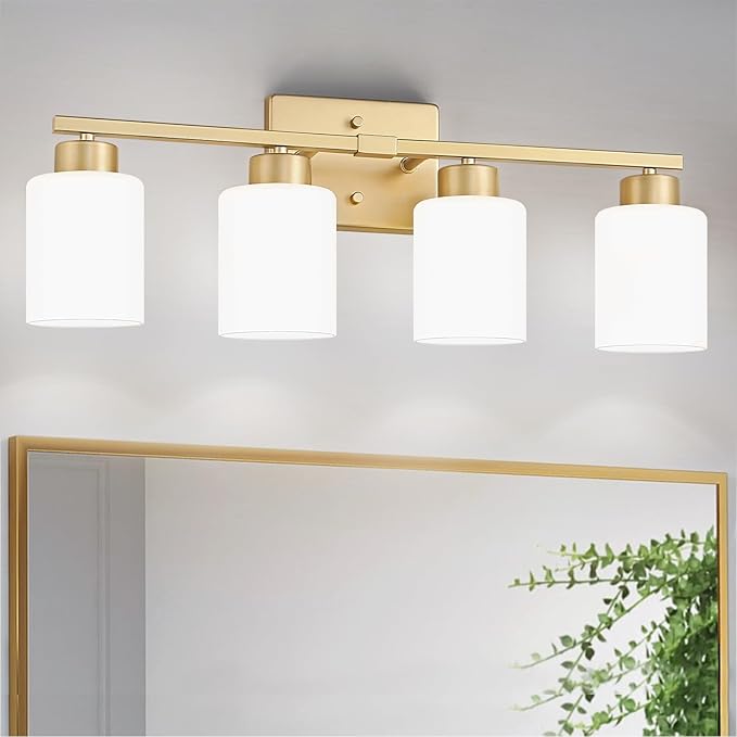 FonmYim Gold Bathroom Light Fixtures, 4-Light Modern Vanity Light Over Mirror, Wall Sconces with Milky White Frosted Glass Shades, E26 Socket (Bulbs Not Included)