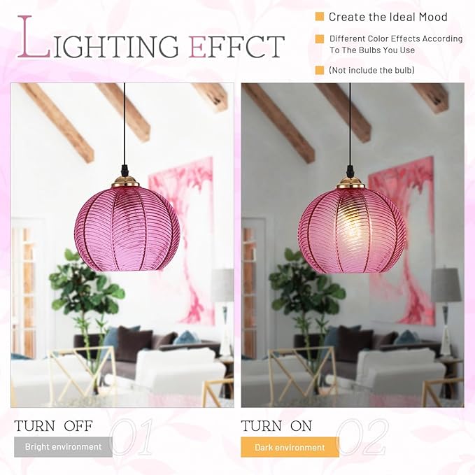 Purple Glass Plug in Pendant Light for Living Room, Black Vintage Hanging Ceiling Light Mid Century Hanging Lamp for Kitchen Bedroom Dining Room, Boho Light Fixtures