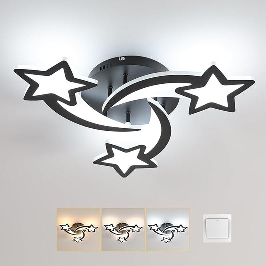 Goeco Kidsroom Ceiling Light, 3 Light Mode Black Acrylic Close to Ceiling Light Fixtures, Stars Creative Cartoon Flush Mount Ceiling Lamp Fixture for Kids Room, Bedroom, Living Room