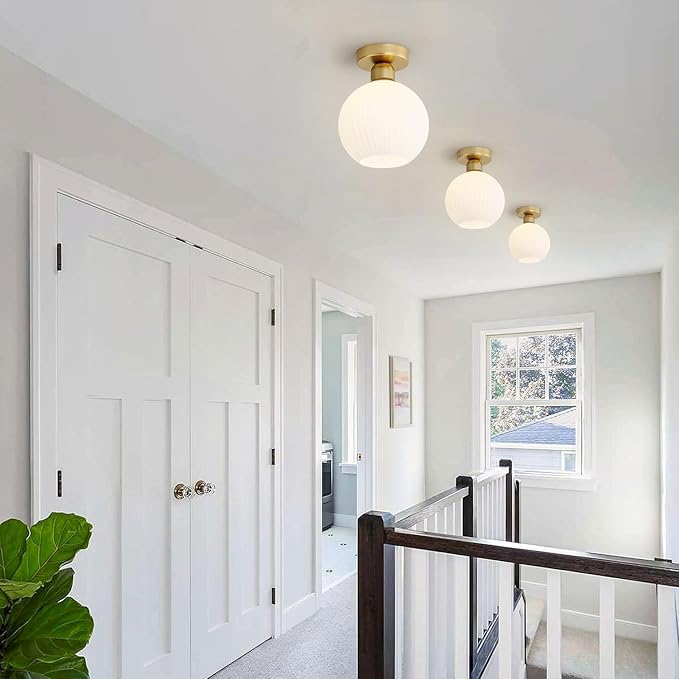 KCO Lighting Small Antique Brass Flush Mount Ceiling Light White Ribbed Glass Ceiling Fixture Mid Century Modern Semi Flush Mount Milk Glass Globe Light