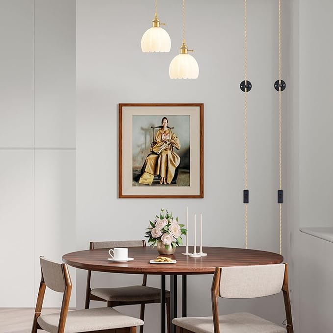 Plug in Pendant Light Fixtures, Hanging Light Fixture Vintage Glass Pendant Light, Mini Milk White Tulip Hanging Lamp, Pendant Lighting for Kitchen Island, Bedroom, Dining Room, Living Room
