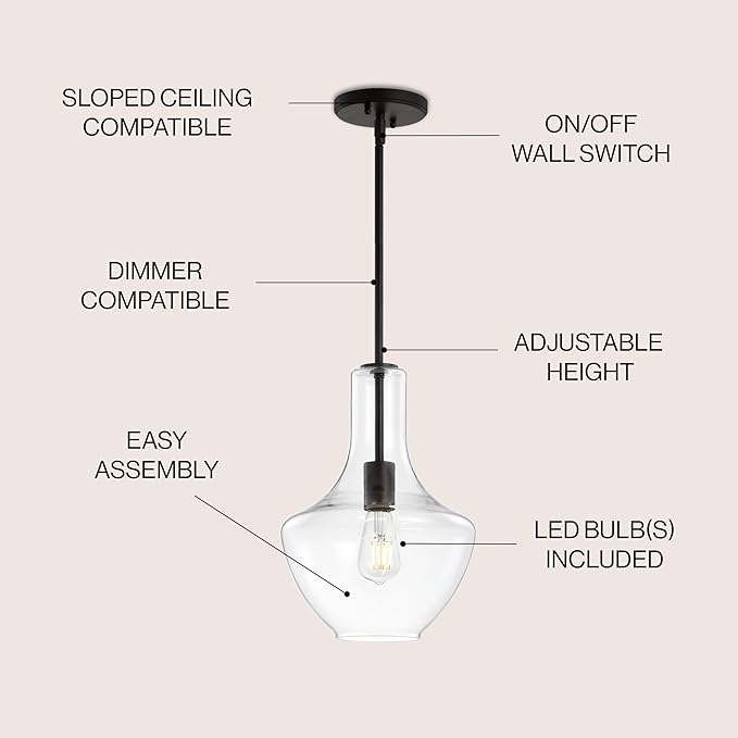 JONATHAN Y 10.5" Oil Rubbed Bronze/Clear Mid-Century Modern 1-Light LED Pendant Light Fixture, Adjustable Schoolhouse Hanging Lamp for Kitchen Island, Clear Glass Shade, LED Bulb Included (JYL6400B)