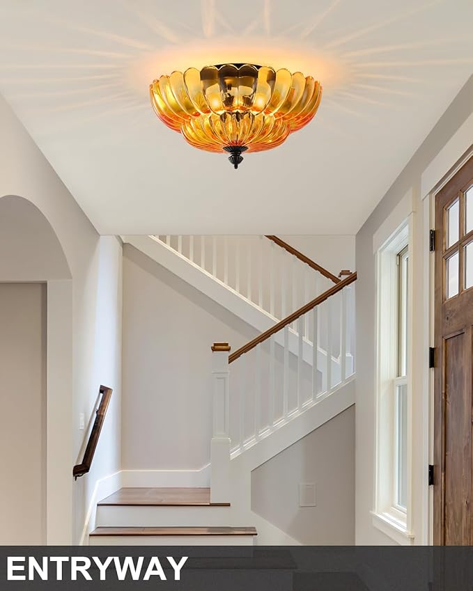 ANYLOVE Modern 12Inch Amber Flower Glass Semi Flush Mount Ceiling Light, 3 Light for Living Room Bedroom Hallway Entryway Foyer