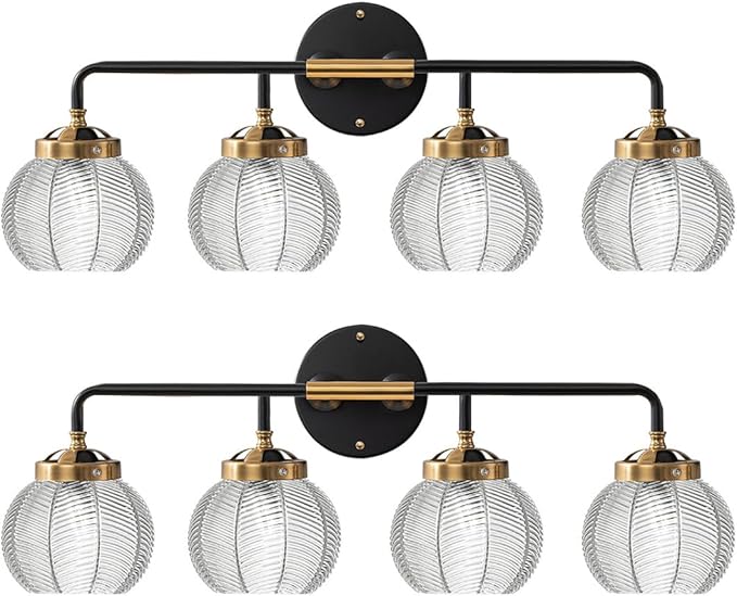4-Light Black Gold Bathroom Light Fixture Vanity Light Sconces Wall Decor Set of 2 with Clear Glass Ribbed Globe Shade Bathroom Vanity Lights Above Mirror for Powder Room Farmhouse