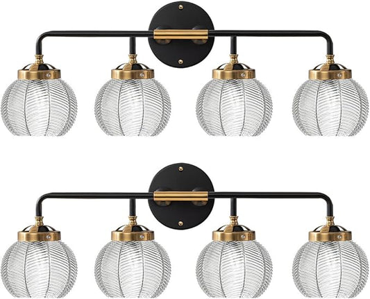 4-Light Black Gold Bathroom Light Fixture Vanity Light Sconces Wall Decor Set of 2 with Clear Glass Ribbed Globe Shade Bathroom Vanity Lights Above Mirror for Powder Room Farmhouse