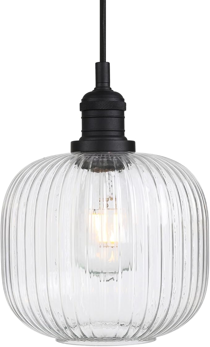 Pathson Modern Pendant Light Fixture Striped Globe Glass, Adjustable Textile Cord Hanging Lighting, Hardwired Pendant Lamp Decor for Dining Room Hotels Living Room Bedroom Kitchen