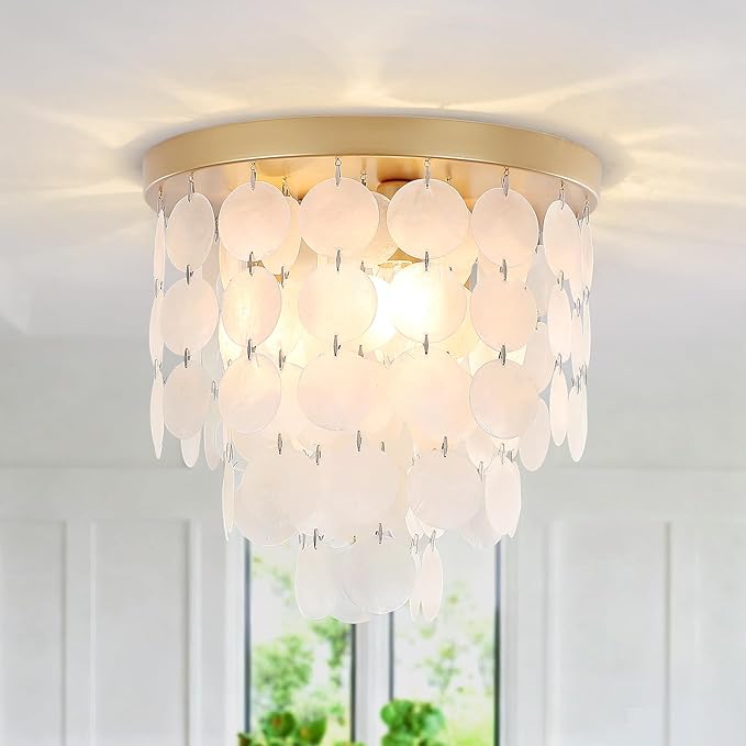 11.8" Capiz Shell Ceiling Light Fixtures, 3 Light Boho Shells Flush Mount Ceiling Light for Bedroom, Hallway, Entryway, Bathroom, Brushed Brass