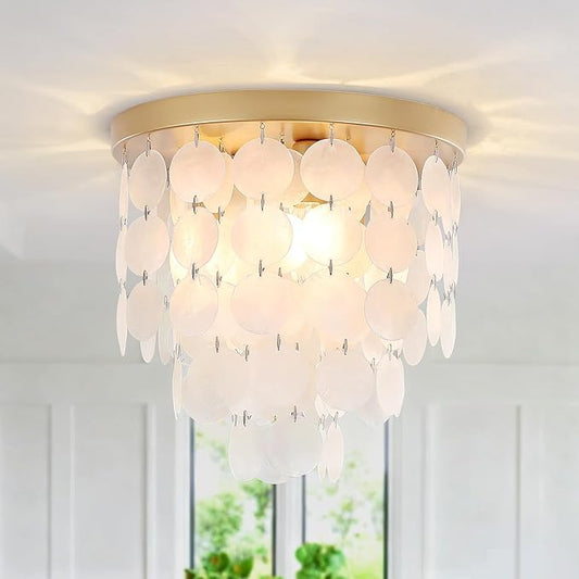 11.8" Capiz Shell Ceiling Light Fixtures, 3 Light Boho Shells Flush Mount Ceiling Light for Bedroom, Hallway, Entryway, Bathroom, Brushed Brass