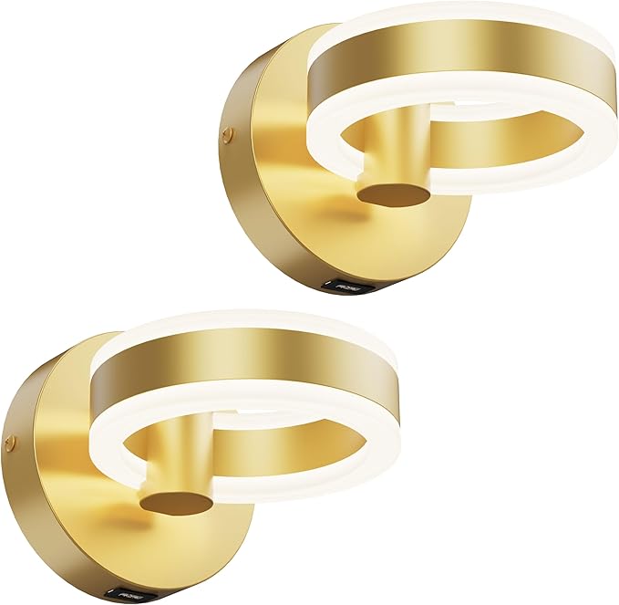LED Wall Sconces Set of Two with ON/Off Switch, Gold Rotatable Hardwired Wall Light Fixtures, Built in USB Charging Port, Modern Wall Decor for Bed Lighting.