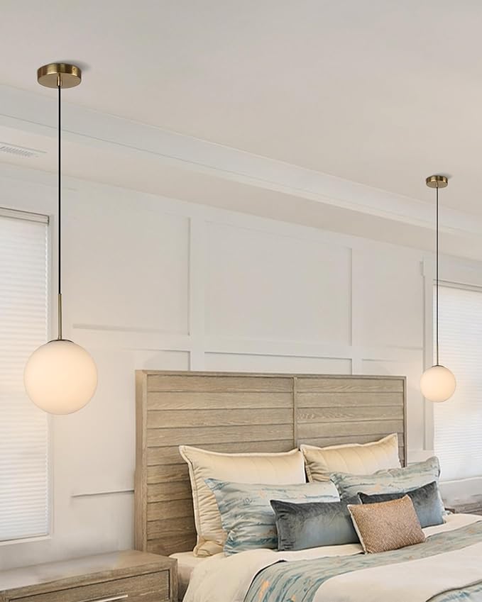 10" Milk Glass Pendant Light Mid Century Modern Globe Hanging Light Fixtures for Dining Room Kitchen Island Bedroom, Gold