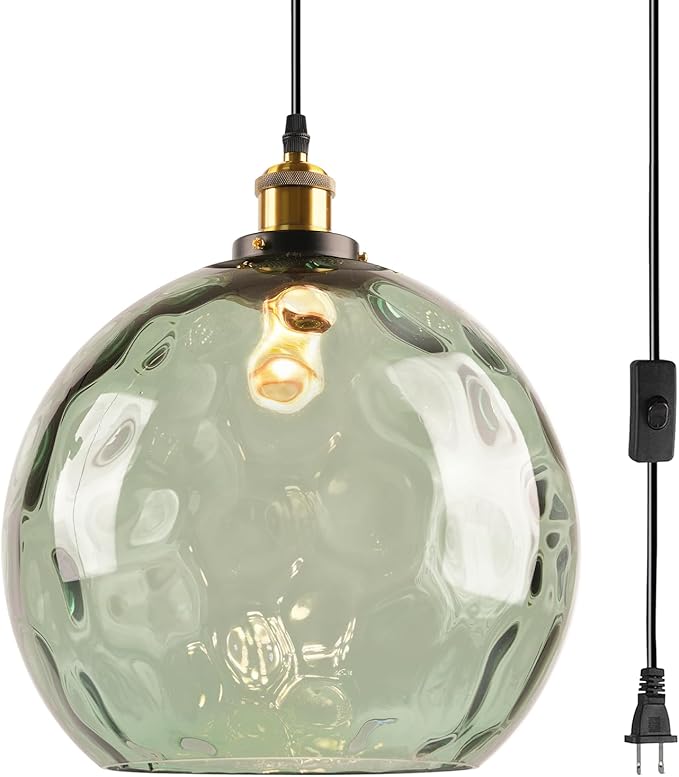 Plug in Vintage Pendant Light Green Glass Boho Hanging Swag Lamp with 13.8-inch Hammered Glass Globe Large Plug in Light Fixture Ceiling Hanging for Kitchen Dining Room Living Room