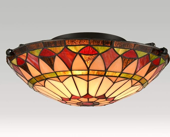DIRYZON EUL Vintage Tiffany Style Mission Semi Flush Mount Ceiling Light 15.7" Antique Art Stained Glass Shade 3-Light