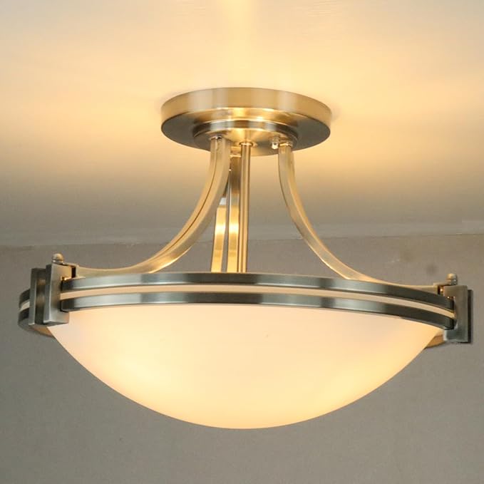 SAMTEEN Brushed Nickel Semi Flush Mount Ceiling Light Modern 3-Light White Glass Hallway Light Fixture Ceiling for Bedroom Living Room Kitchen, Bowl Shade