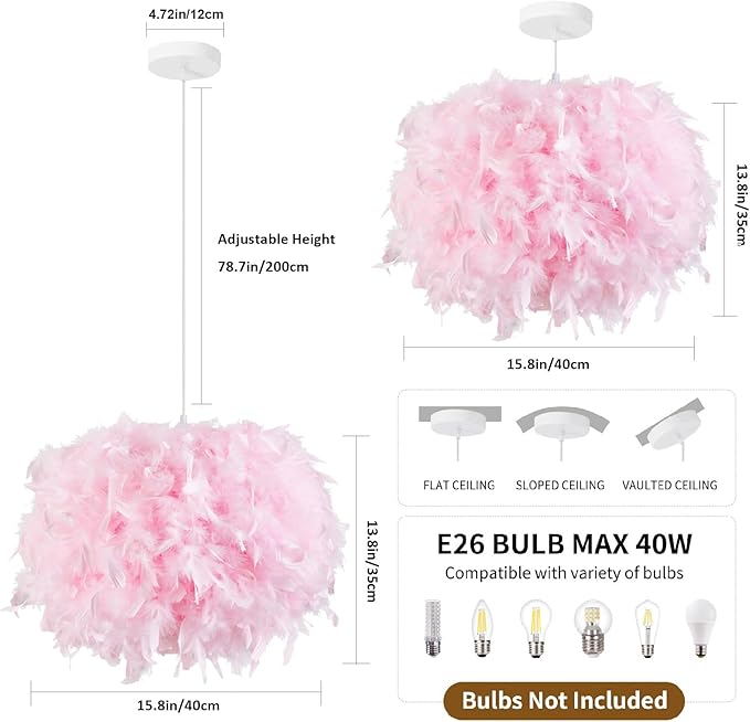 NZV 15.8in Pink Pendant Light Fixture Pink Feather Chandelier for Bedroom Feathers Lights Fixture Girls Room Romantic Hanging Ceiling Lighting for Kitchen Island Dining Room Foyer Hallway