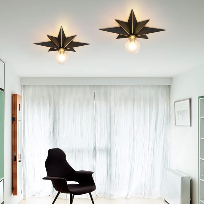 16 inch Flush Mount Ceiling Light, Industrial Black Metal Star Ceiling Lights, Vintage Entryway Light Fixtures, Farmhouse Star Lighting for Hallway, Porch, Study, Bedroom, Stair, Kitchen, Bathroom