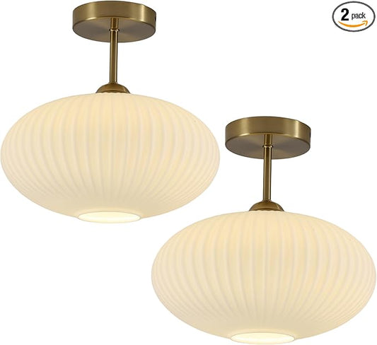 Large Ribbed Milk Glass Flush Mount Ceiling Light Mid Century Modern Entry Light Fixture White Semi Flush Mount Lights Gold Globe Hallway Ceiling Light (2 Pack)