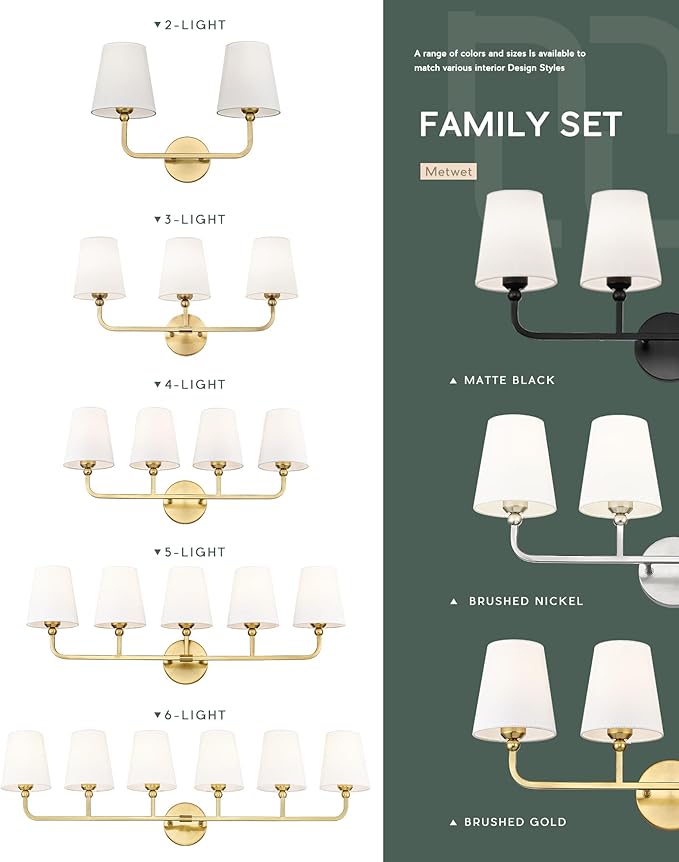 Bathroom Light Fixtures, 4 Light Brushed Gold Vanity Lights with Flared White Fabric Shade, 28 Inch Wall Sconce, Modern Sconces Wall Lighting for Hallway Bedroom, VL837-BG-4