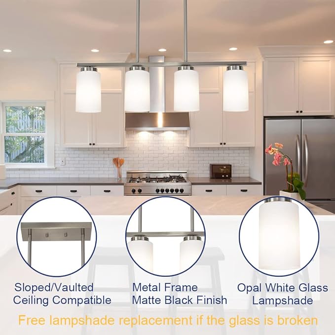 TODOLUZ Brushed Nickel Kitchen Island Light, Farmhouse Pendant Light Fixtures with Opal White Glass Shades Modern Linear Ceiling Hanging Light for Living Room