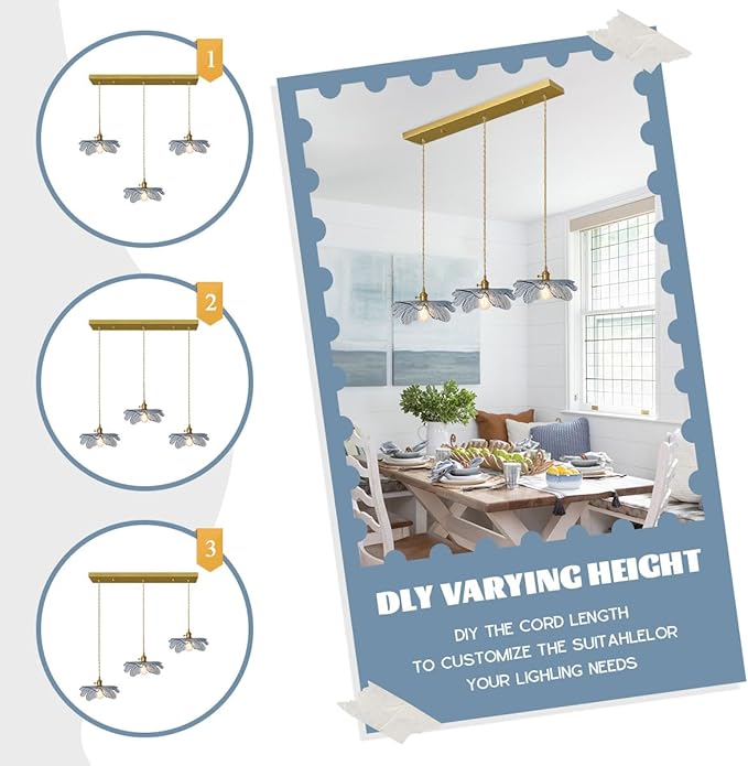 3-Light Hand Blown Glass Chandelier, Blue Flower Glass Shade with Brushed Brass Gold Base, Adjustable Pendant Light Mid Century Vintage Farmhouse Hanging Lamp for Dining Room Kitchen Island