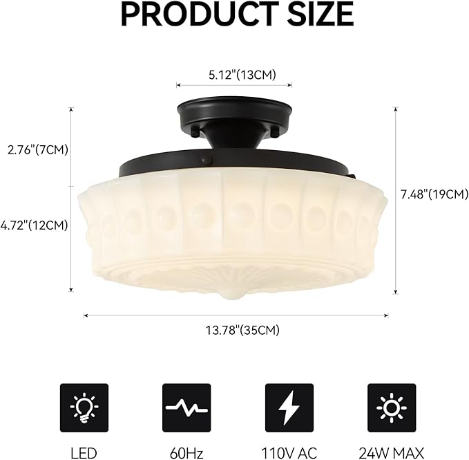 youngrender Schoolhouse Light Fixture Modern Black Flush Mount Ceiling Lighting 14" Milk White Glass Shade Vintage Ceiling Light for Farmhouse Kitchen Hallway Entryway